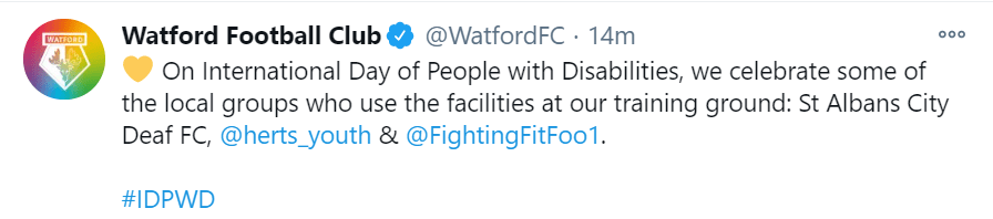 tweet from Watford FC for IDDP 