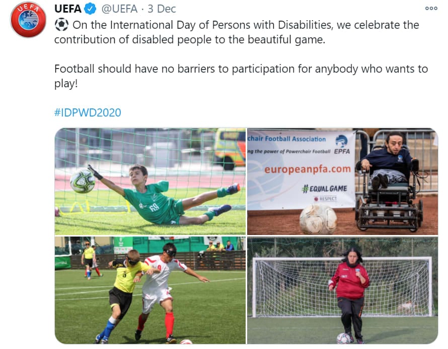 UEFA IDDP Tweet with 4 photos of disabled football players and fans