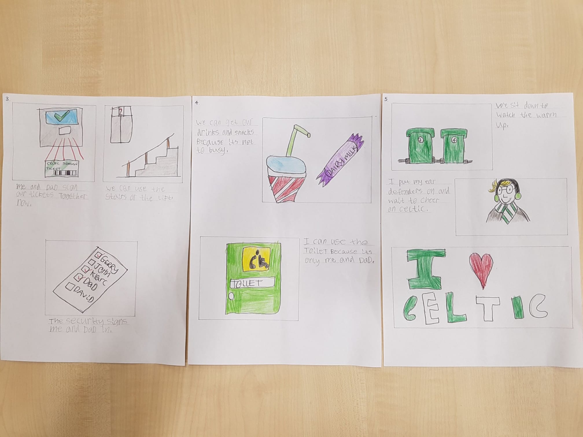 Drawings by a young autistic celtic fan after their visit to Celtic Park and the Club