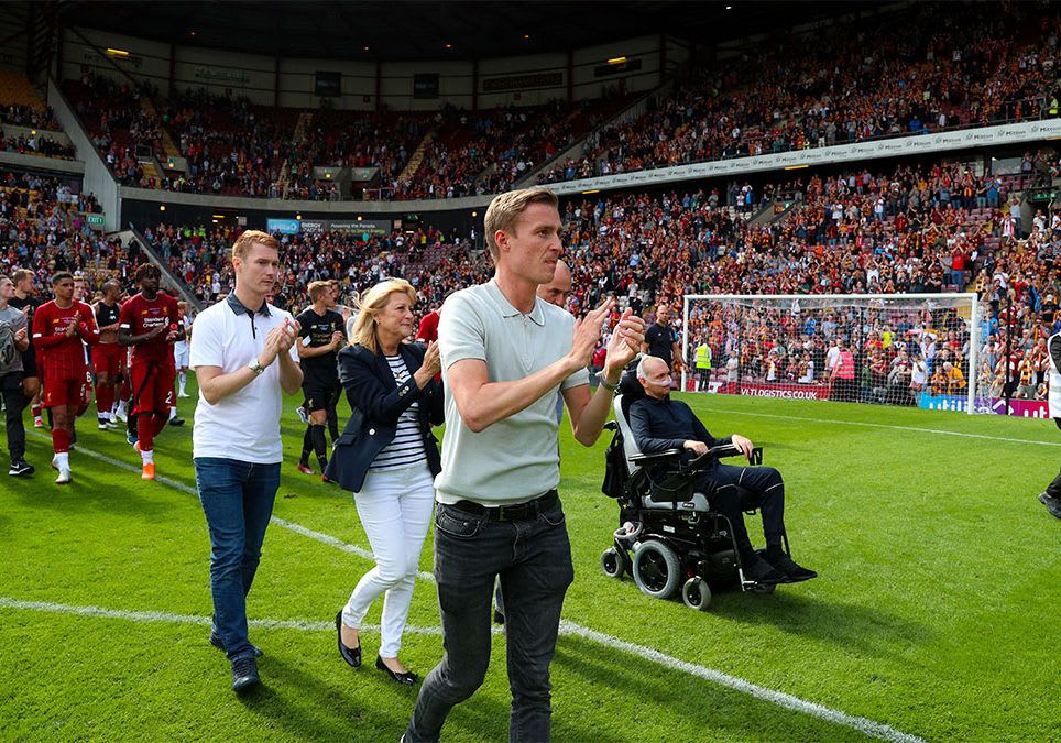 Stephen Darby clapping the to the fans at a charity football match between his two former clubs Liverpool and Bradford City which was organised to raise funds for the Darby Rimmer Foundation in 2019.